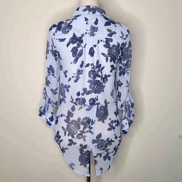 Candies Blue Floral Hi Lo Button‎ Up Roll Tab Sleeves Flowercore Bloomcore XS - Picture 3 of 7